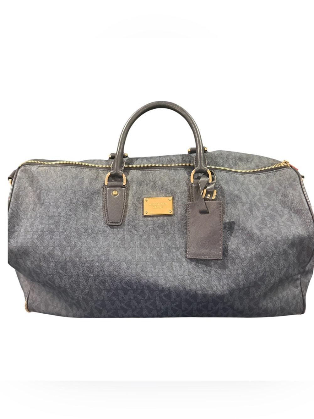 Michael Kors Navy Canvas Travel Duffel Bag weekender large gold MK shoulder